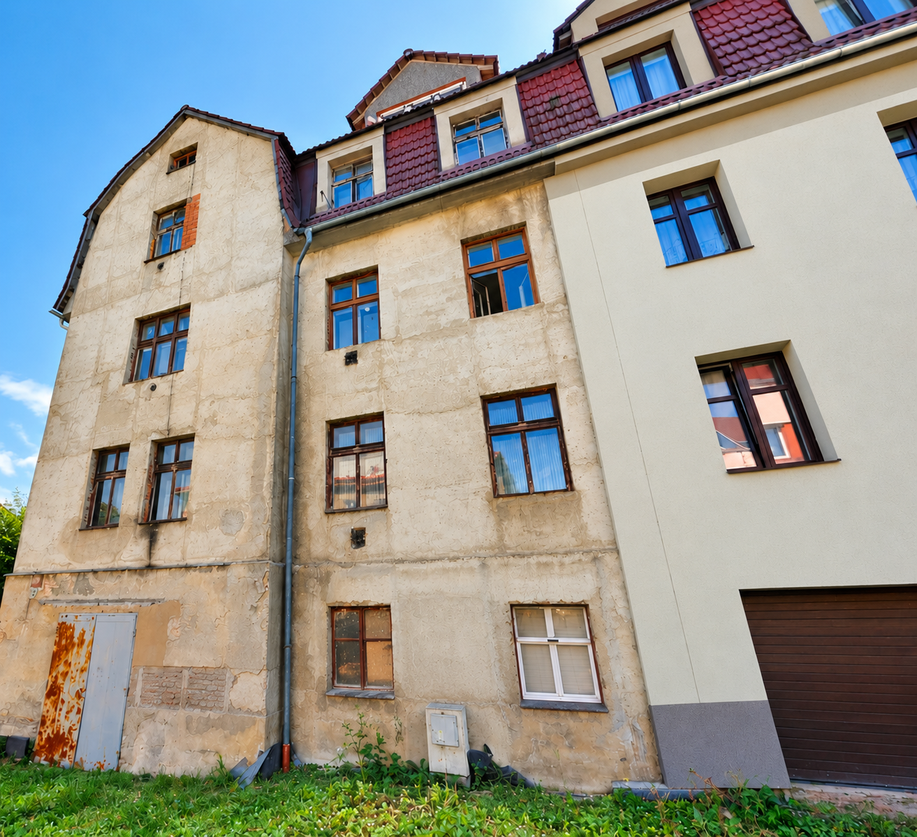 Činžovní dům Na Bojišti 637 v Liberci — původní stav fasády a obnovená část s garáží