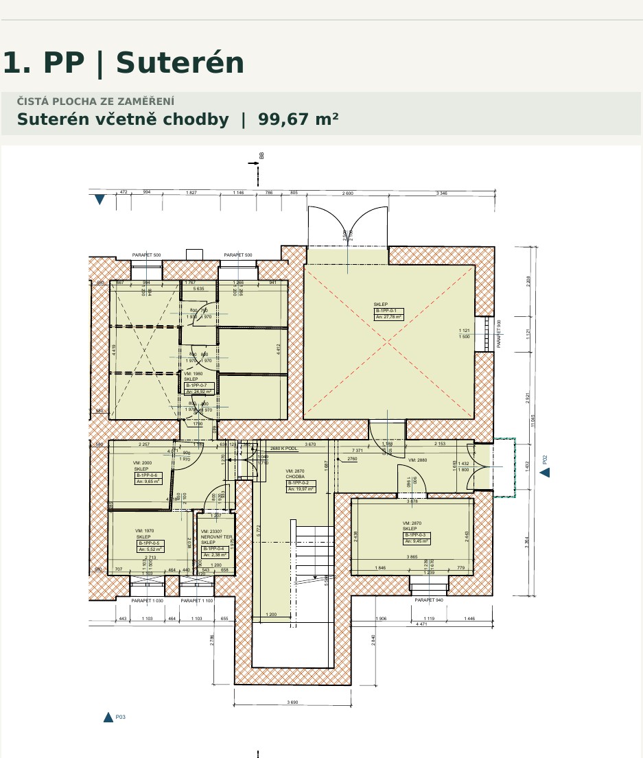 Půdorys 1. PP · Suterén a garáž
