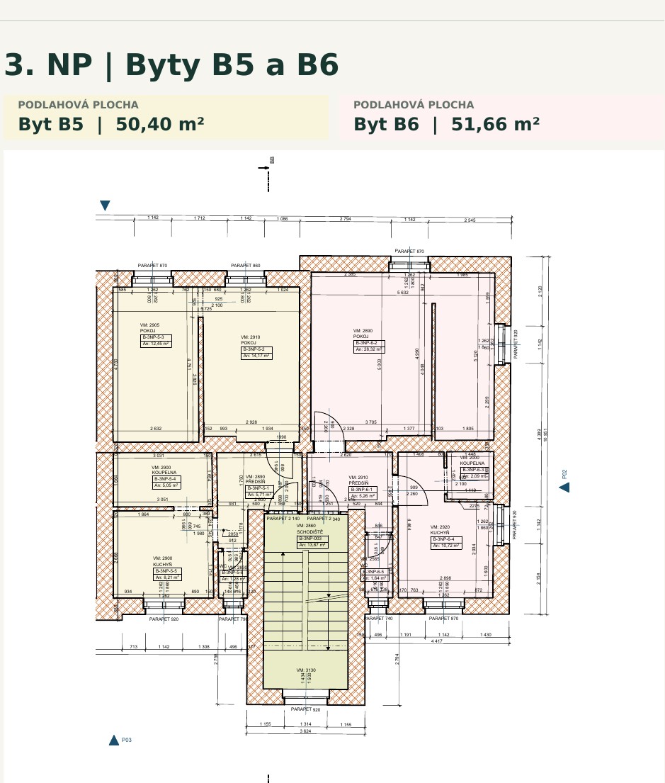 Půdorys 3. NP · Byty B5 a B6