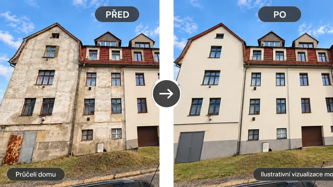 Exterier pruceli domu — ilustrační příklad možné rekonstrukce