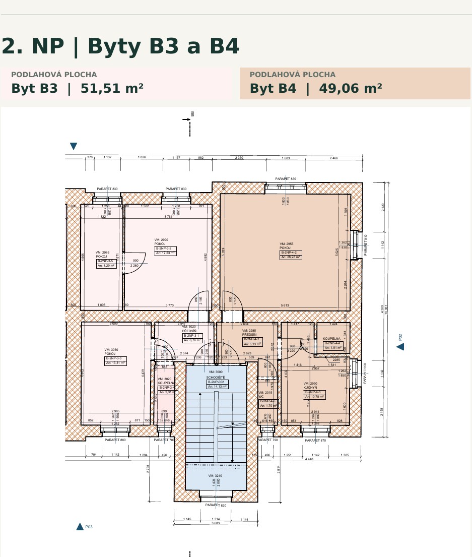 Půdorys 2. NP · Byty B3 a B4