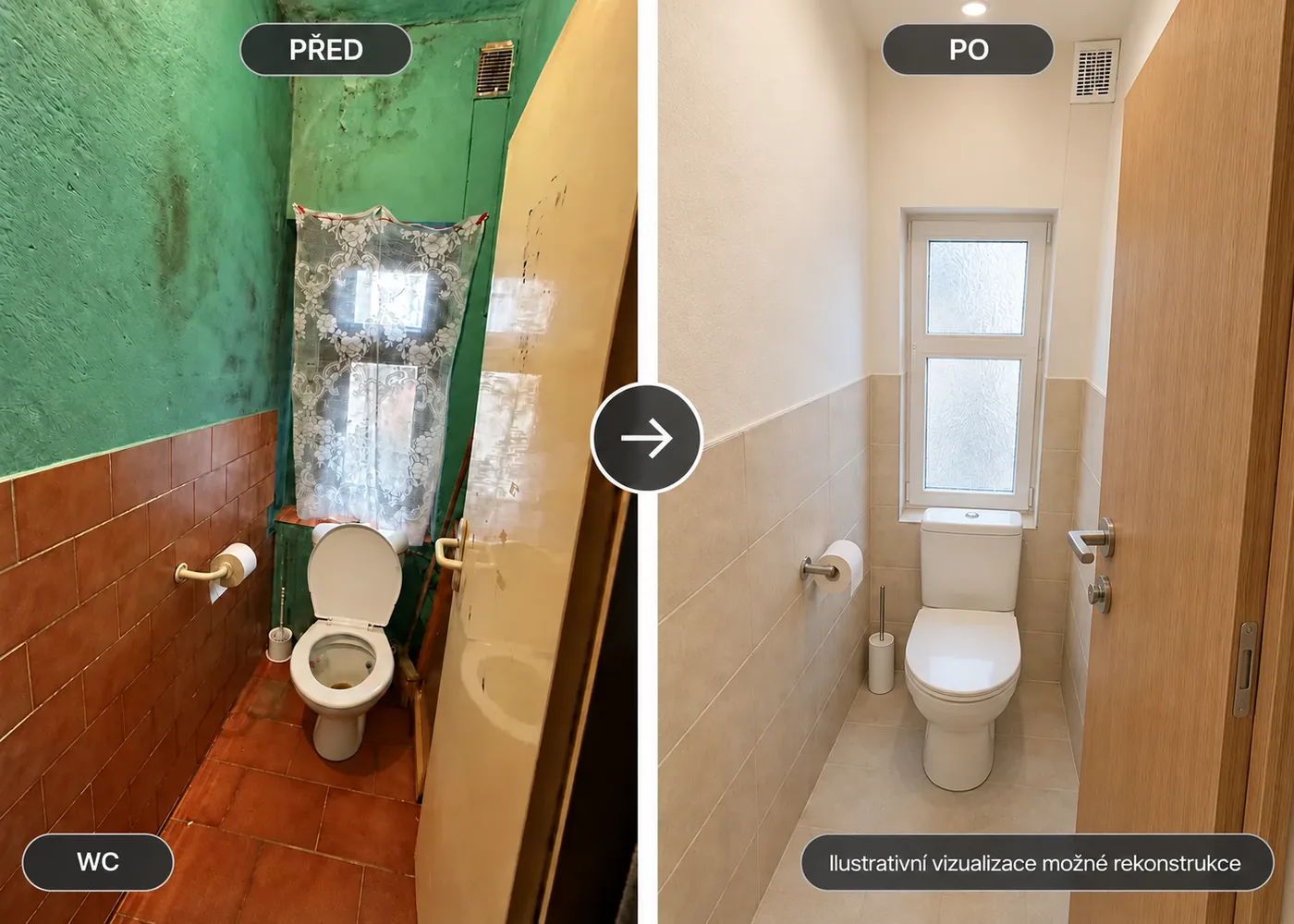 Wc pred po rekonstrukce — ilustrační příklad možné rekonstrukce