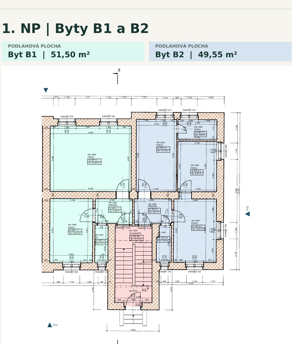 Půdorys 1. NP · Byty B1 a B2